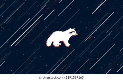 Large white raccoon symbol framed in red in the center. The effect of flying through the stars. Vector illustration on a dark blue background with stars and slanted lines