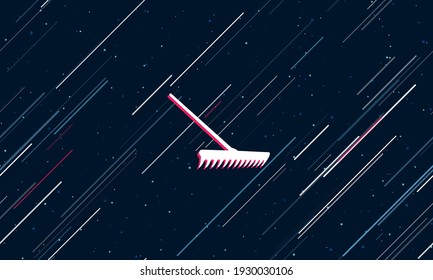 Large white rake symbol framed in red in the center. The effect of flying through the stars. Seamless vector illustration on a dark blue background with stars and slanted lines