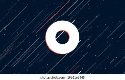 Large white record media symbol framed in red in the center. The effect of flying through the stars. Vector illustration on a dark blue background with stars and slanted lines