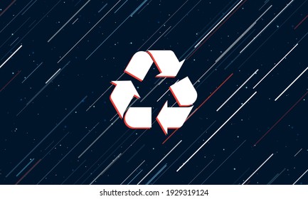 Large white recycling symbol framed in red in the center. The effect of flying through the stars. Seamless vector illustration on a dark blue background with stars and slanted lines