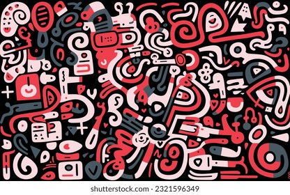 gran patrón abstracto blanco y rojo, en el estilo de figuras tipo caricatura, fondo negro, influencias mesoamericanas, estilo de línea sacudida, caracteres simplistas, letras tipo graffiti, forma peculiar