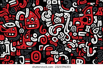 large white and red abstract pattern, in the style of cartoon-like figures, black background, mesoamerican influences, squiggly line style, simplistic characters, graffiti-like lettering, quirky shape