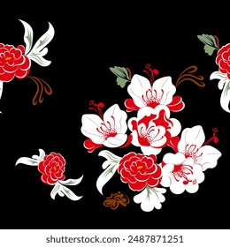 Large white red fancy exotic flowers on a black background in Chinese style seamless pattern suitable for women's clothing fabric Vector