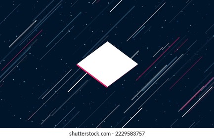 Gran símbolo blanco de rhombus enmarcado en rojo en el centro. El efecto de volar a través de las estrellas. Ilustración vectorial en un fondo azul oscuro con estrellas y líneas inclinadas