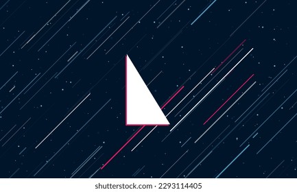 Large white right triangle symbol framed in red in the center. The effect of flying through the stars. Vector illustration on a dark blue background with stars and slanted lines