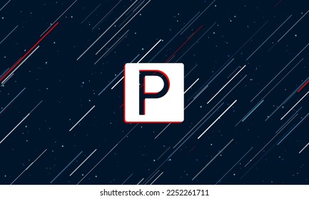 Large white road parking sign framed in red in the center. The effect of flying through the stars. Vector illustration on a dark blue background with stars and slanted lines