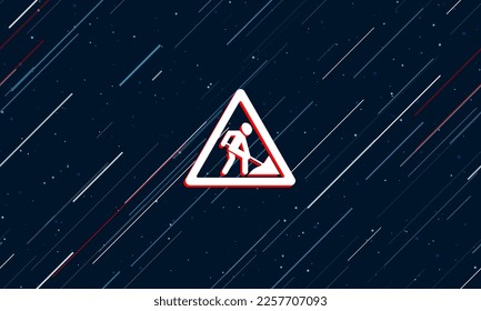 Large white road work sign framed in red in the center. The effect of flying through the stars. Vector illustration on a dark blue background with stars and slanted lines