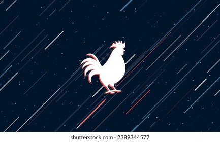 Large white rooster symbol framed in red in the center. The effect of flying through the stars. Vector illustration on a dark blue background with stars and slanted lines