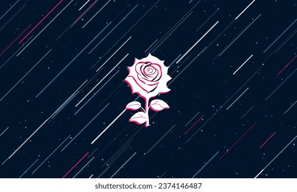 Gran flor blanca de rosa enmarcada en rojo en el centro. El efecto de volar a través de las estrellas. Ilustración vectorial en un fondo azul oscuro con estrellas y líneas inclinadas