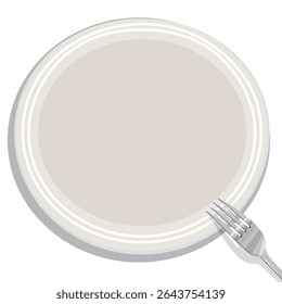 Large white round empty plate with stainless steel fork. Vector illustration of kitchen utensils. View from above.