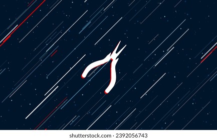 Large white round pliers symbol framed in red in the center. The effect of flying through the stars. Vector illustration on a dark blue background with stars and slanted lines