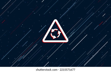 Large white roundabout sign framed in red in the center. The effect of flying through the stars. Vector illustration on a dark blue background with stars and slanted lines