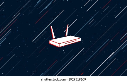 Large white router symbol framed in red in the center. The effect of flying through the stars. Seamless vector illustration on a dark blue background with stars and slanted lines