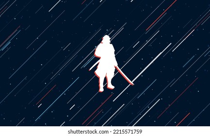 Large white samurai symbol framed in red in the center. The effect of flying through the stars. Vector illustration on a dark blue background with stars and slanted lines