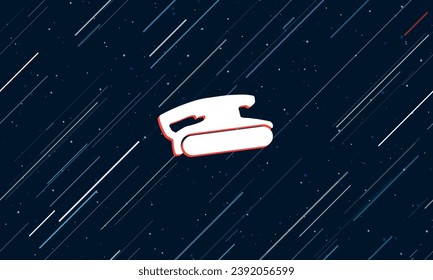 Large white sanding symbol framed in red in the center. The effect of flying through the stars. Vector illustration on a dark blue background with stars and slanted lines