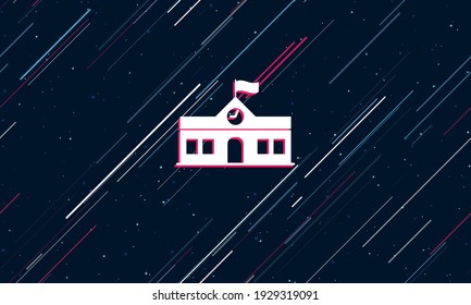 Large white school building symbol framed in red in the center. The effect of flying through the stars. Seamless vector illustration on a dark blue background with stars and slanted lines