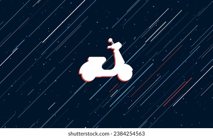 Large white scooter symbol framed in red in the center. The effect of flying through the stars. Vector illustration on a dark blue background with stars and slanted lines