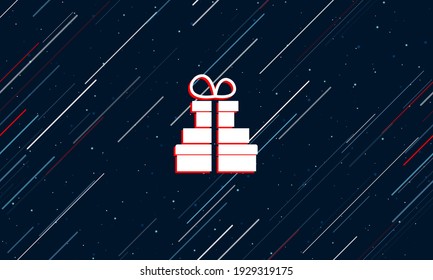Grandes regalos blancos enmarcados en rojo en el centro. El efecto de volar a través de las estrellas. Ilustración vectorial sin igual en un fondo azul oscuro con estrellas y líneas inclinadas