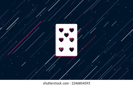 Large white seven of hearts playing card framed in red in the center. The effect of flying through the stars. Vector illustration on a dark blue background with stars and slanted lines