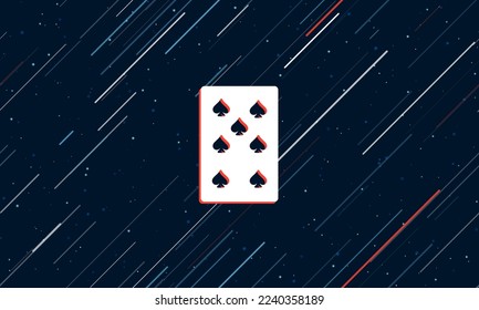 Grandes siete blancas de espadas jugando cartas enmarcadas en rojo en el centro. El efecto de volar a través de las estrellas. Ilustración vectorial en un fondo azul oscuro con estrellas y líneas inclinadas