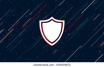 Large white shield symbol framed in red in the center. The effect of flying through the stars. Seamless vector illustration on a dark blue background with stars and slanted lines