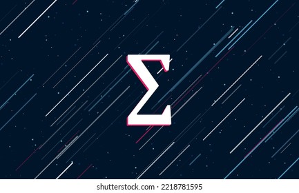 Large white sigma symbol framed in red in the center. The effect of flying through the stars. Vector illustration on a dark blue background with stars and slanted lines