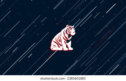 Large white sitting tiger symbol framed in red in the center. The effect of flying through the stars. Vector illustration on a dark blue background with stars and slanted lines