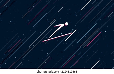 Large white Ski jumping symbol framed in red in the center. The effect of flying through the stars. Vector illustration on a dark blue background with stars and slanted lines