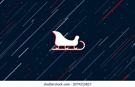 Large white sleigh symbol framed in red in the center. The effect of flying through the stars. Vector illustration on a dark blue background with stars and slanted lines