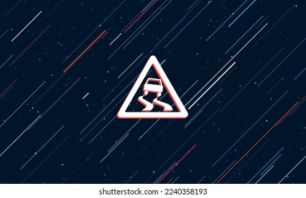 Large white slippery road sign framed in red in the center. The effect of flying through the stars. Vector illustration on a dark blue background with stars and slanted lines