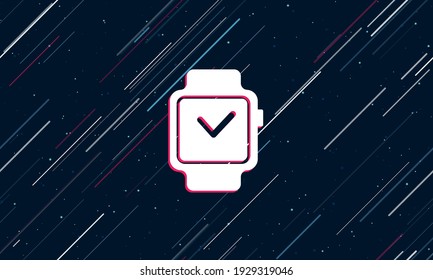 Large white smart watch symbol framed in red in the center. The effect of flying through the stars. Seamless vector illustration on a dark blue background with stars and slanted lines