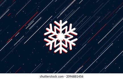 Large white snowflake symbol framed in red in the center. The effect of flying through the stars. Vector illustration on a dark blue background with stars and slanted lines