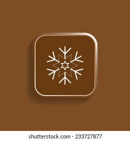 large white snowflake vector icon on a brown background with shadow