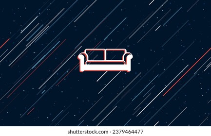 Large white sofa icon framed in red in the center. The effect of flying through the stars. Vector illustration on a dark blue background with stars and slanted lines