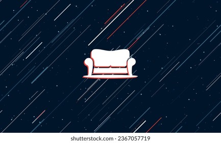 Large white sofa symbol framed in red in the center. The effect of flying through the stars. Vector illustration on a dark blue background with stars and slanted lines