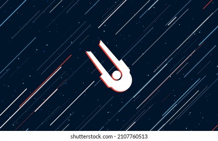 Large white solo bobsleigh symbol framed in red in the center. The effect of flying through the stars. Vector illustration on a dark blue background with stars and slanted lines