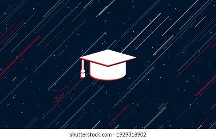 Large white square academic cap symbol framed in red in the center. The effect of flying through the stars. Seamless vector illustration on a dark blue background with stars and slanted lines