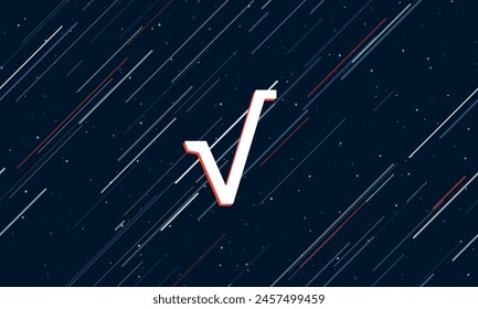 Large white square root symbol framed in red in the center. The effect of flying through the stars. Vector illustration on a dark blue background with stars and slanted lines