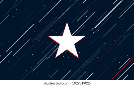 Large white star symbol framed in red in the center. The effect of flying through the stars. Seamless vector illustration on a dark blue background with stars and slanted lines
