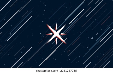 Large white star symbol framed in red in the center. The effect of flying through the stars. Vector illustration on a dark blue background with stars and slanted lines
