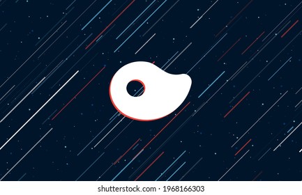 Un gran símbolo de filete blanco enmarcado en rojo en el centro. El efecto de volar a través de las estrellas. Ilustración vectorial en un fondo azul oscuro con estrellas y líneas inclinadas