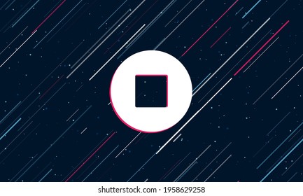 Large white stop media symbol framed in red in the center. The effect of flying through the stars. Vector illustration on a dark blue background with stars and slanted lines