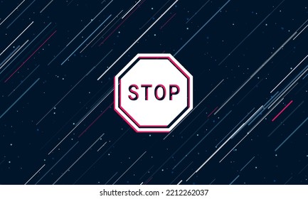 Large white stop road sign framed in red in the center. The effect of flying through the stars. Vector illustration on a dark blue background with stars and slanted lines