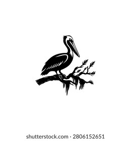 A large white stork bird with long legs and beak standing in a marshy wetland surrounded by lush greenery.