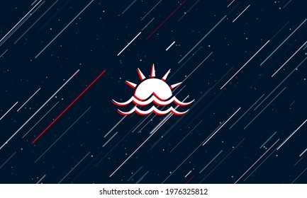 Large white sunrise at sea symbol framed in red in the center. The effect of flying through the stars. Vector illustration on a dark blue background with stars and slanted lines