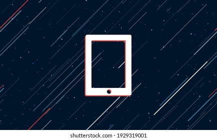 Large white tablet symbol framed in red in the center. The effect of flying through the stars. Seamless vector illustration on a dark blue background with stars and slanted lines
