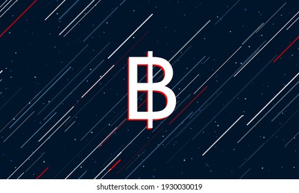 Large white thai baht symbol framed in red in the center. The effect of flying through the stars. Seamless vector illustration on a dark blue background with stars and slanted lines