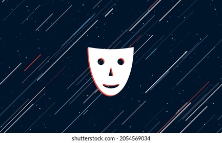 Large white theatrical mask framed in red in the center. The effect of flying through the stars. Vector illustration on a dark blue background with stars and slanted lines