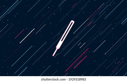 Large white thermometer symbol framed in red in the center. The effect of flying through the stars. Seamless vector illustration on a dark blue background with stars and slanted lines
