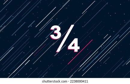Large white three quarters symbol framed in red in the center. The effect of flying through the stars. Vector illustration on a dark blue background with stars and slanted lines